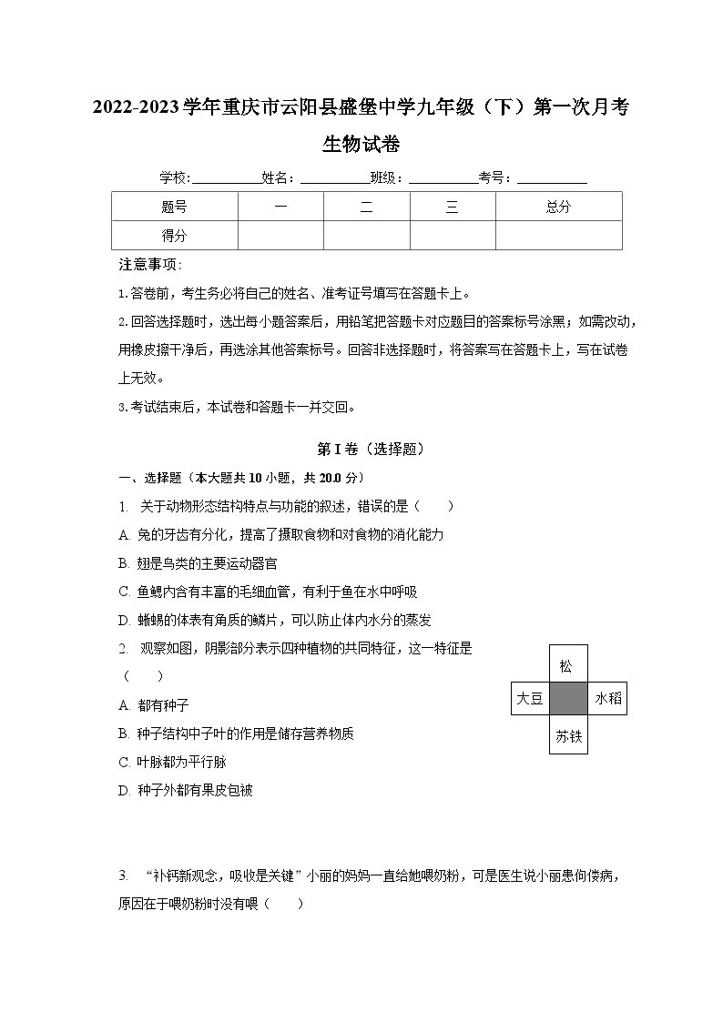 2022-2023学年重庆市云阳县盛堡中学九年级（下）第一次月考生物试卷（含解析）