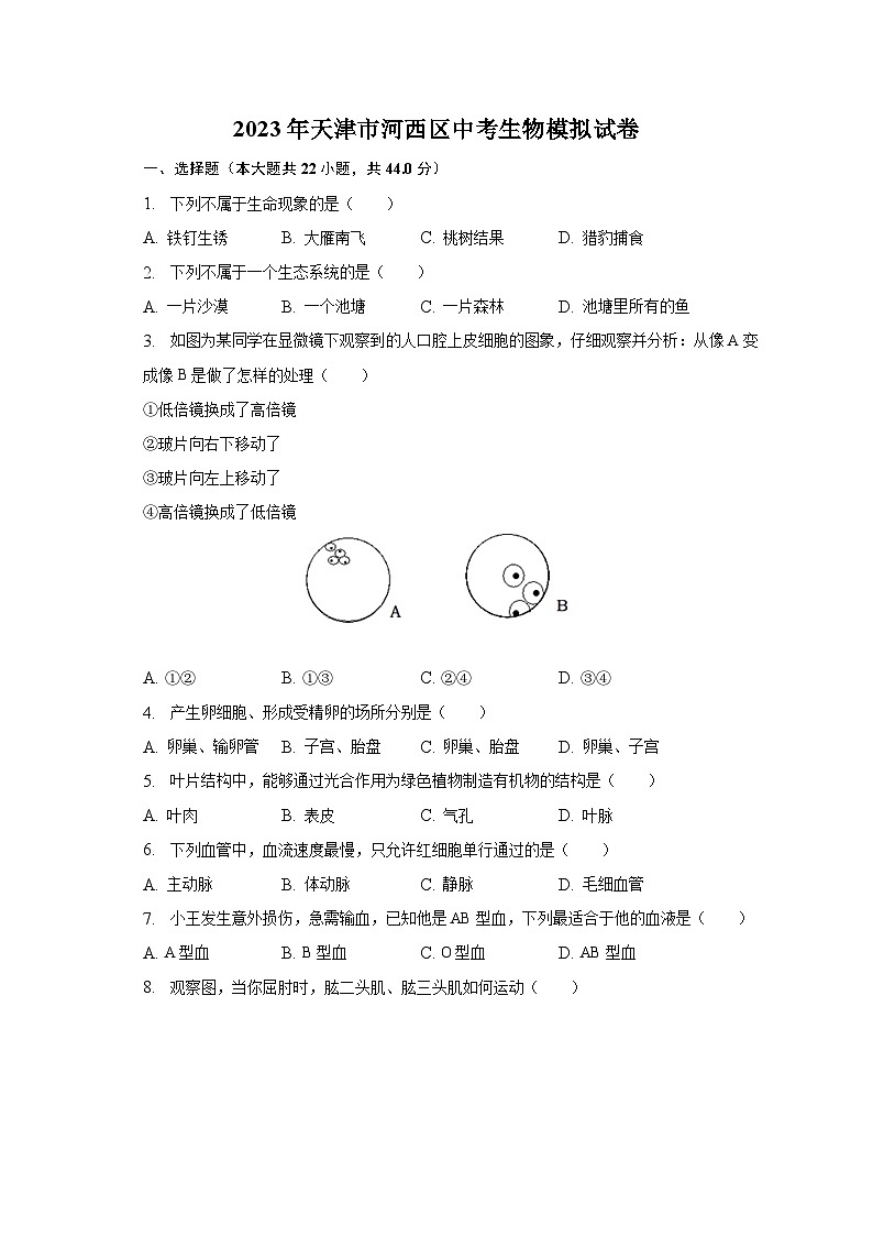 2023年天津市河西区中考生物模拟试卷第1页