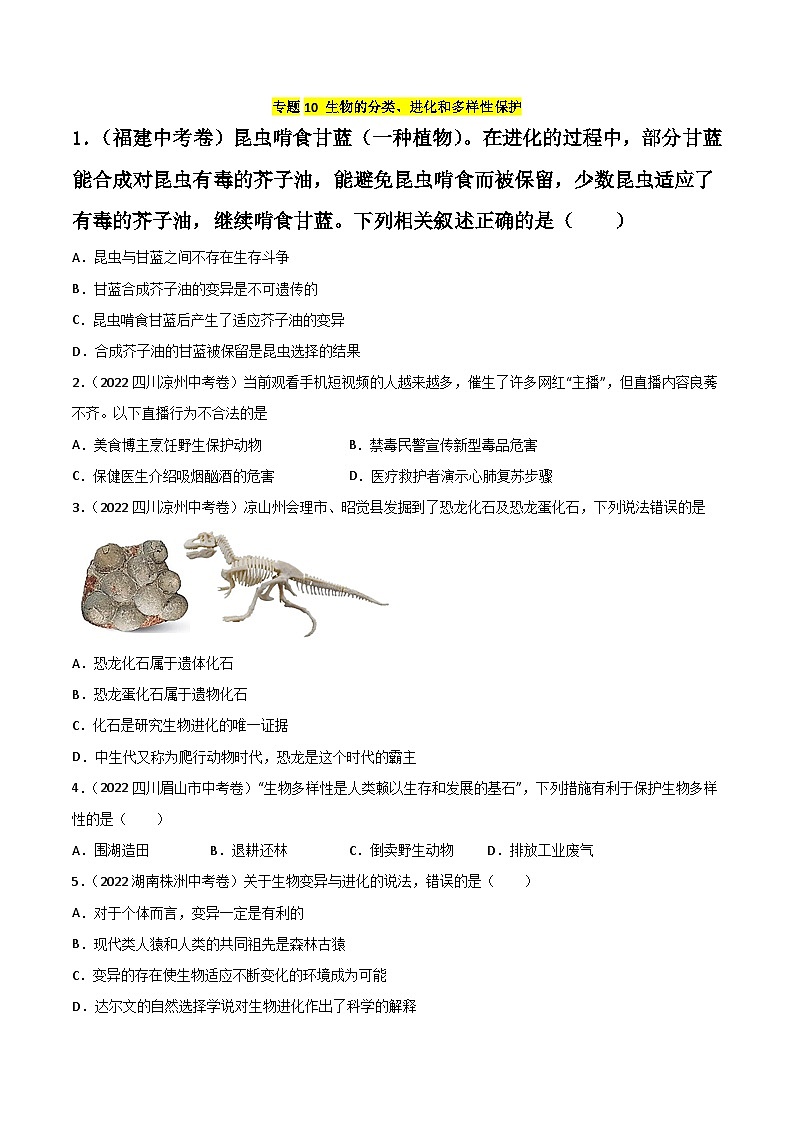 专题10 生物的分类、进化和多样性保护-中考生物真题分项汇编(全国通用)(第2期)(原卷版)第1页