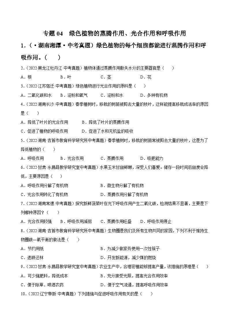 专题04 绿色植物的蒸腾作用、光合作用和呼吸作用-中考生物真题分项汇编(全国通用)(第4期)(原卷版)第1页