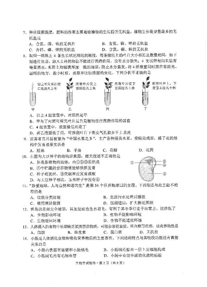 2023年云南省中考生物真题(pdf版)第2页