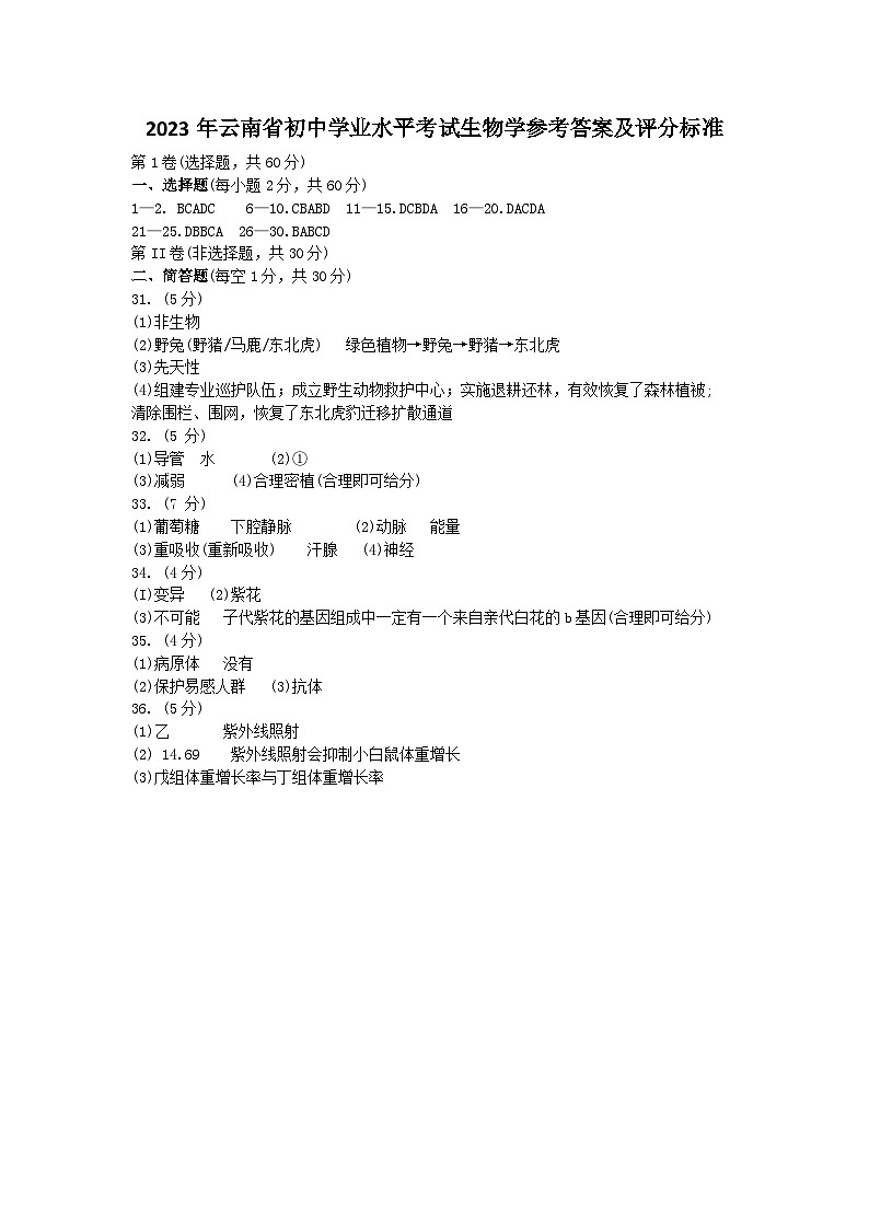 2023年云南省中考生物学参考答案第1页