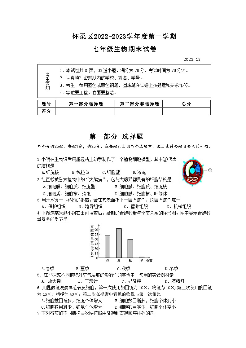 北京市怀柔区2022-2023学年七年级上学期期末生物试卷第1页