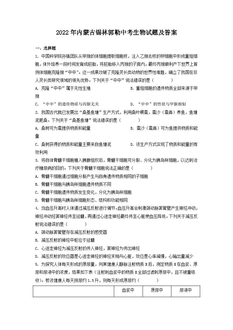_2022年内蒙古锡林郭勒中考生物试题及答案01