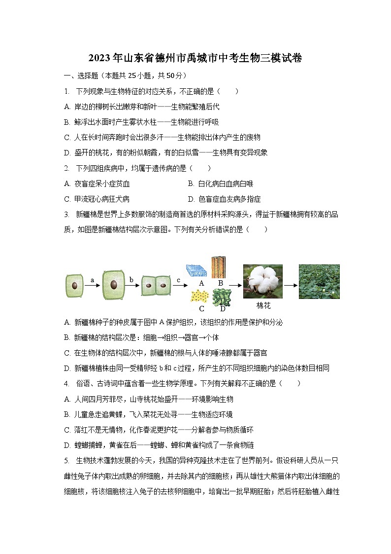 2023年山东省德州市禹城市中考生物三模试卷(含答案)01
