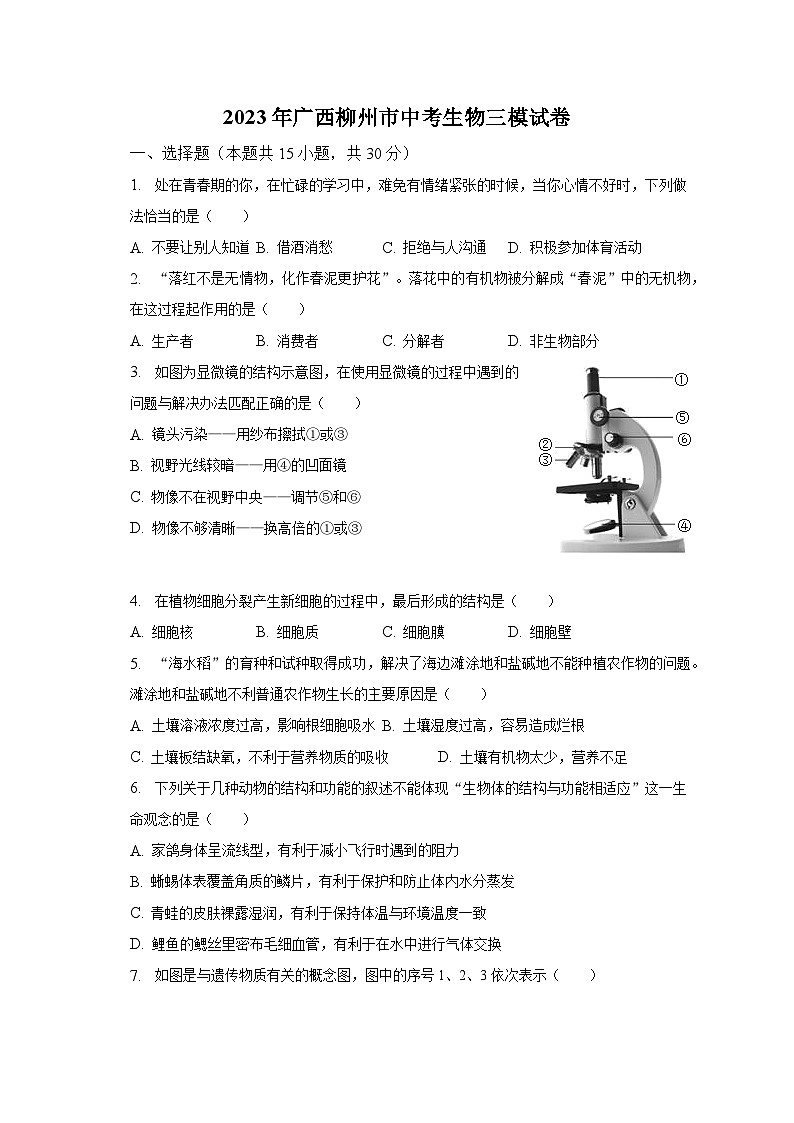 2023年广西柳州市中考生物三模试卷(含解析)01