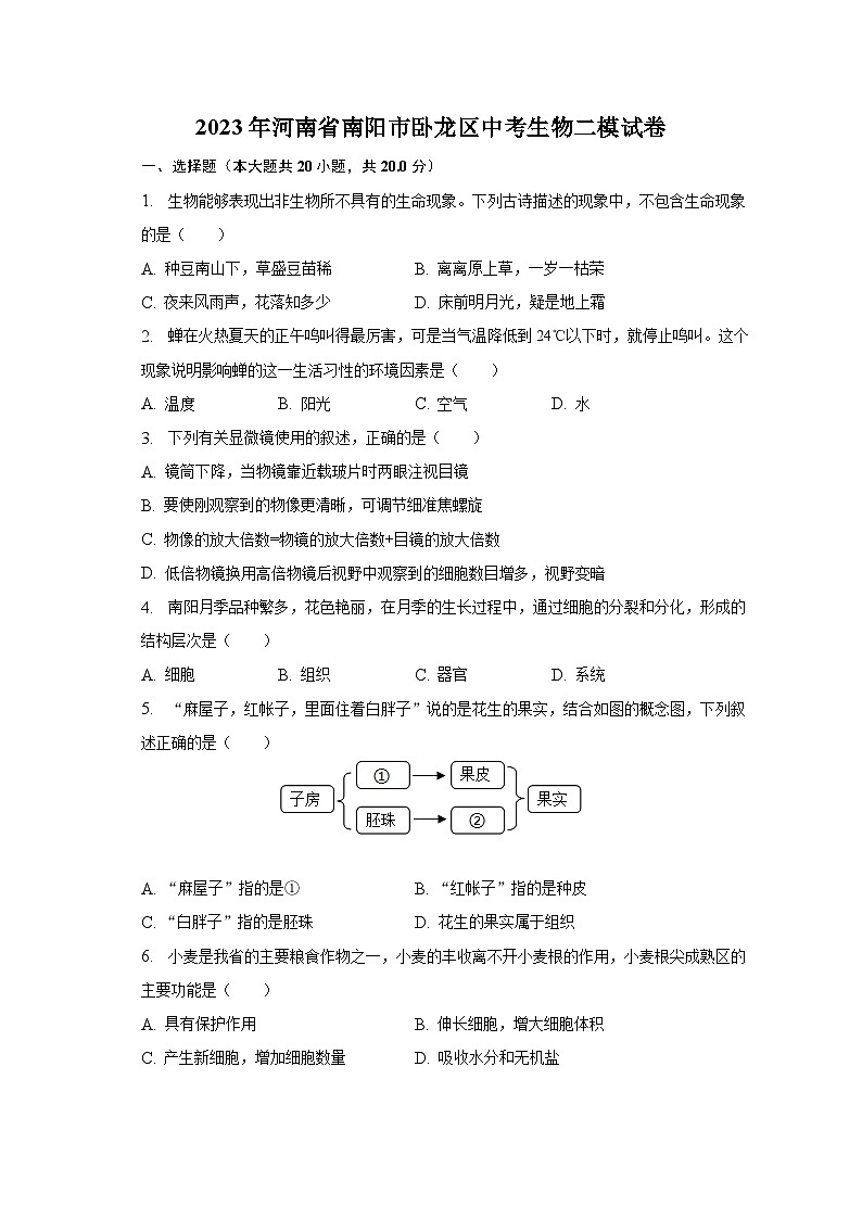 2023年河南省南阳市卧龙区中考生物二模试卷(含解析)01