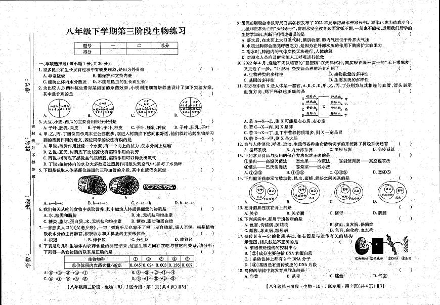 江西省上饒市余干縣2022-2023學(xué)年八年級(jí)下學(xué)期5月份第三次月考生物試題第1頁(yè)