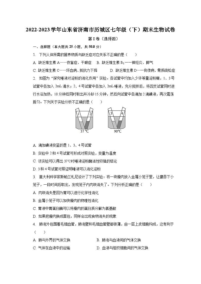 2022-2023学年山东省济南市历城区七年级(下)期末生物试卷(含解析)第1页