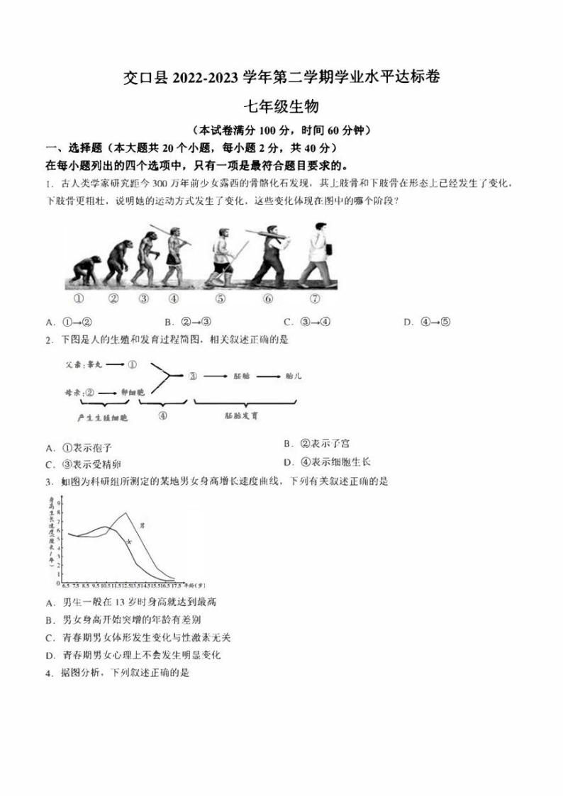 山西省吕梁市交口县2022-2023学年七年级下学期期末生物试题（含答案）01