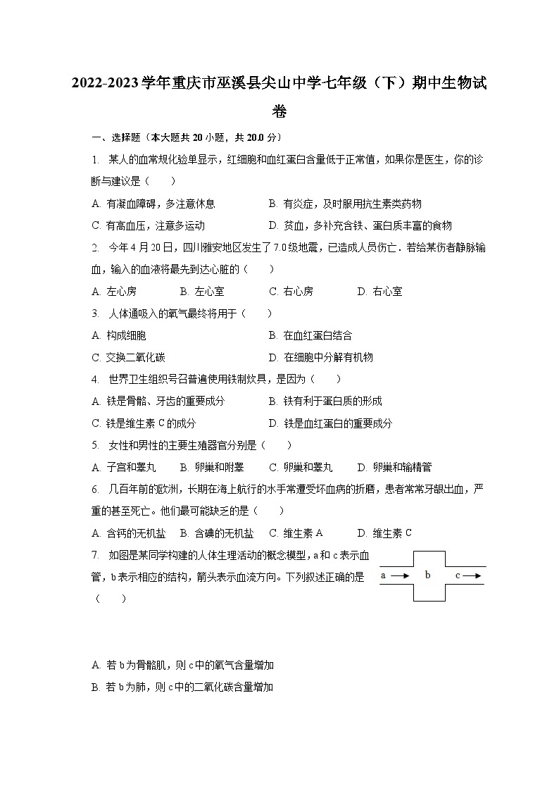 2022-2023学年重庆市巫溪县尖山中学七年级（下）期中生物试卷（含解析）01