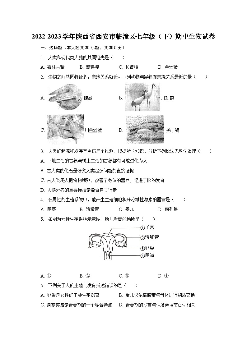 2022-2023学年陕西省西安市临潼区七年级(下)期中生物试卷(含解析)第1页