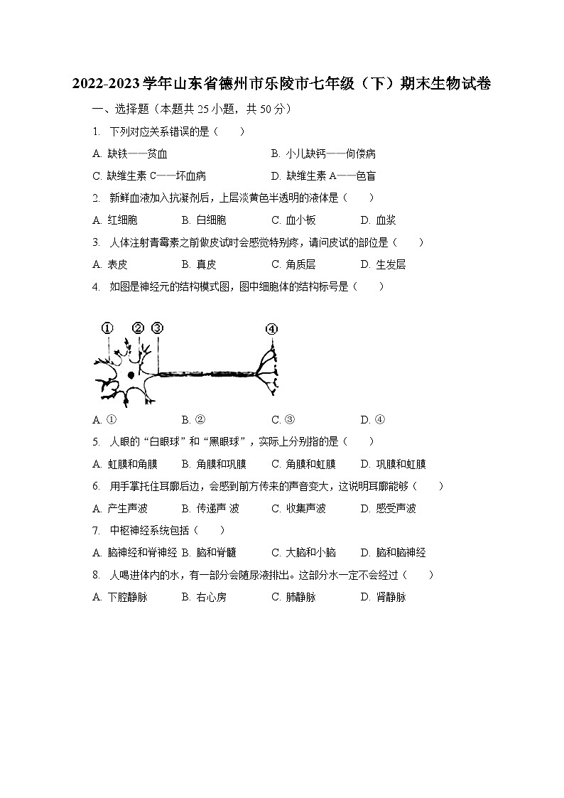 2022-2023学年山东省德州市乐陵市七年级(下)期末生物试卷(含解析)01