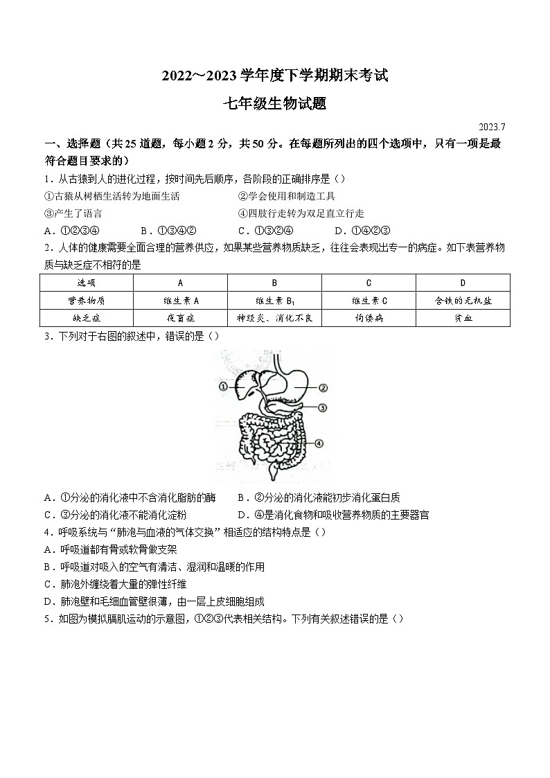 山东省临沂市临沭县2022-2023学年七年级下学期期末生物试题(含答案)01
