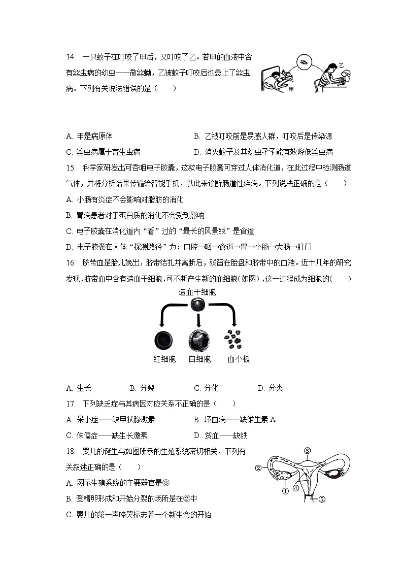江苏省盐城市建湖县2022-2023学年七年级下学期期末生物模拟试卷(含答案)第3页
