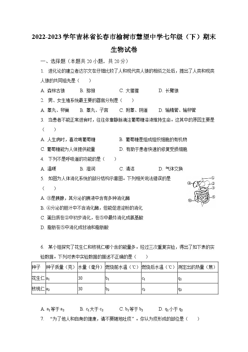 2022-2023学年吉林省长春市榆树市慧望中学七年级(下)期末生物试卷(含解析)第1页