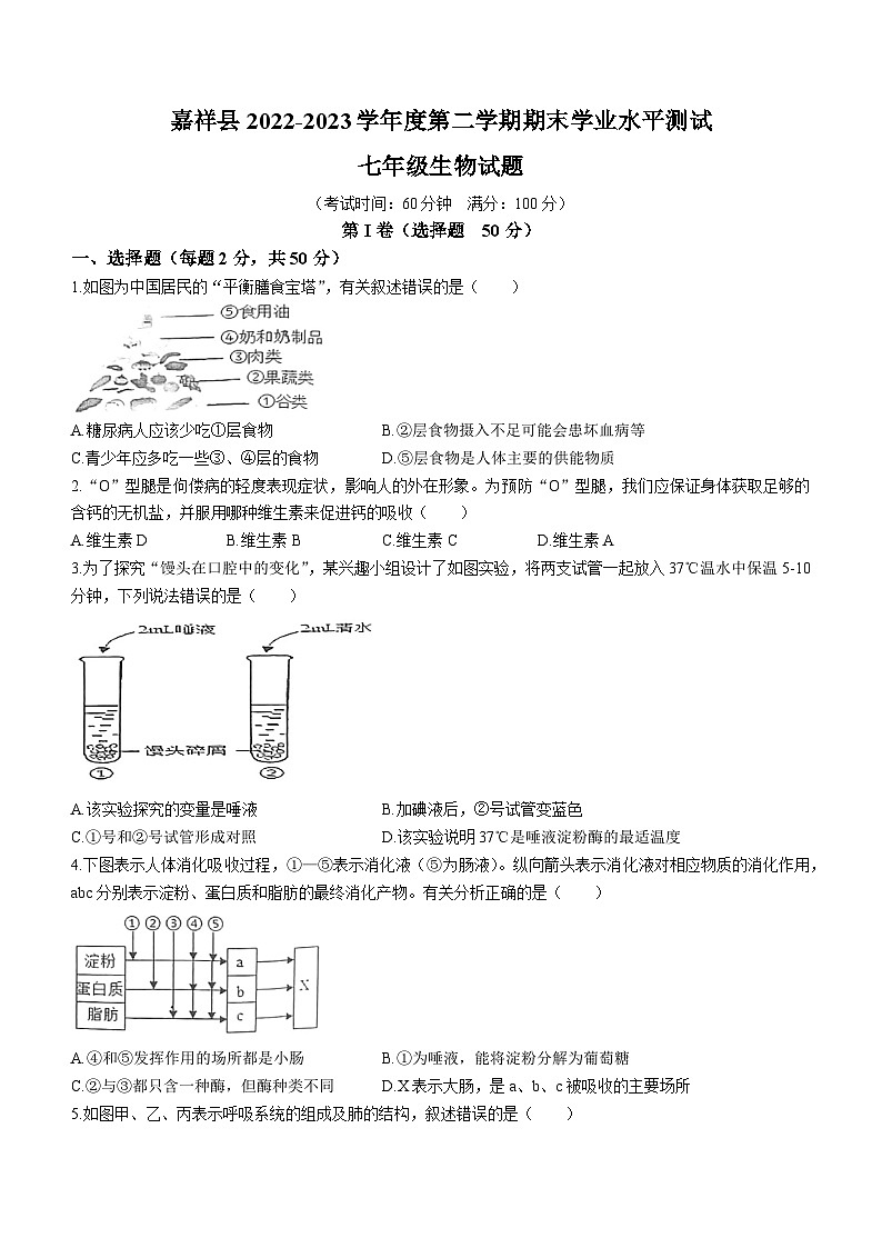 山东省济宁市嘉祥县2022-2023学年七年级下学期期末学业水平测试生物试题(含答案)01