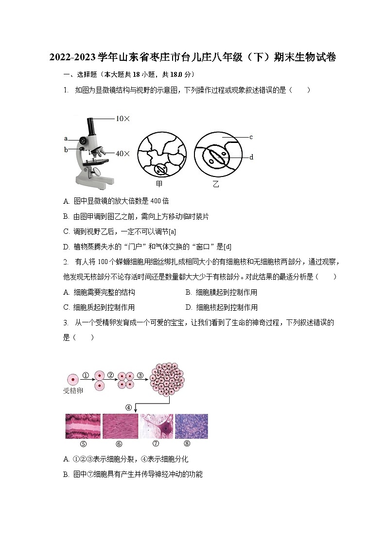 2022-2023学年山东省枣庄市台儿庄八年级(下)期末生物试卷(含解析)01