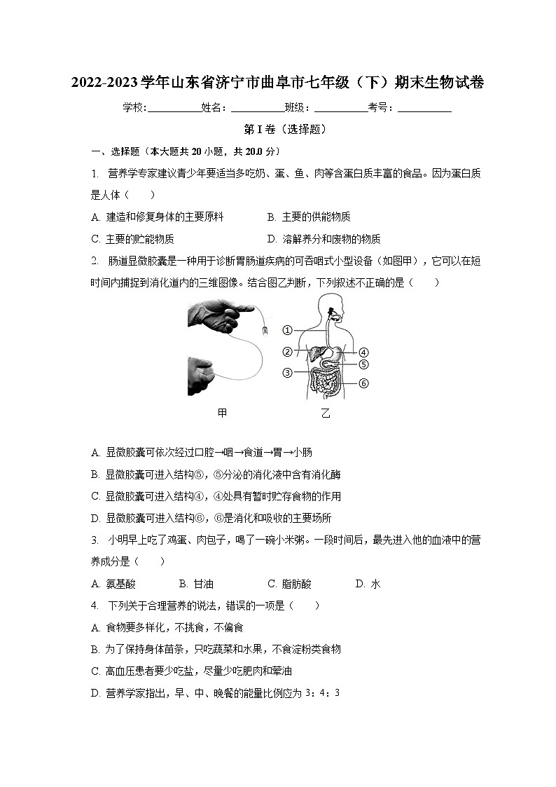 山东省济宁市曲阜市2022-2023学年七年级下期末生物试卷(含答案)第1页