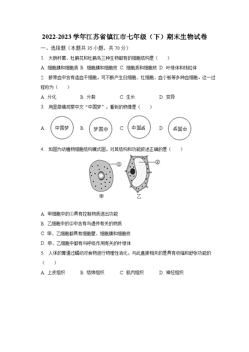 江苏省镇江市2022-2023学年七年级下学期期末生物试卷(含答案)第1页