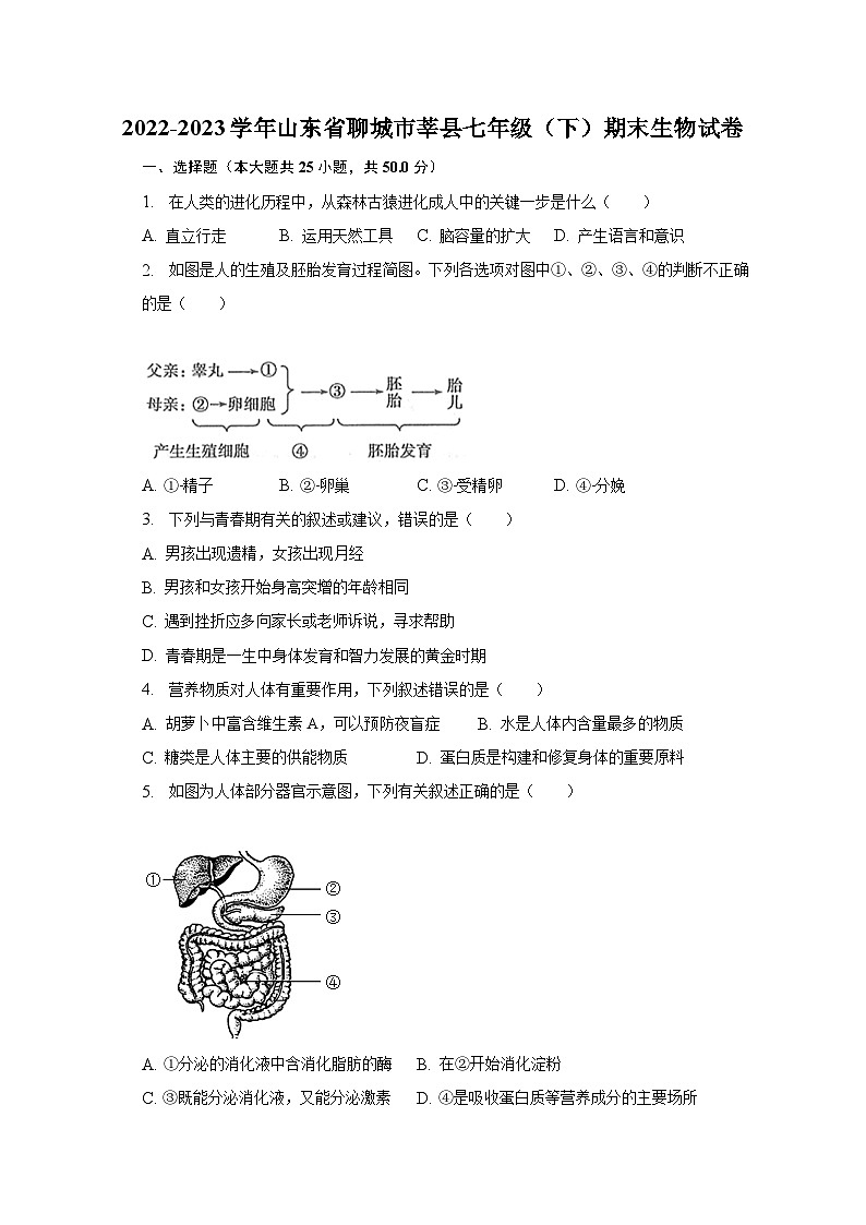 山东省聊城市莘县2022-2023学年七年级下学期期末生物试卷(含答案)第1页