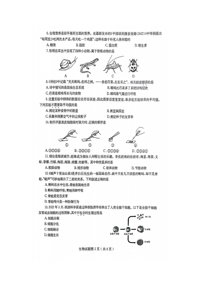 _2022年山东烟台中考生物试题及答案 (1)第2页