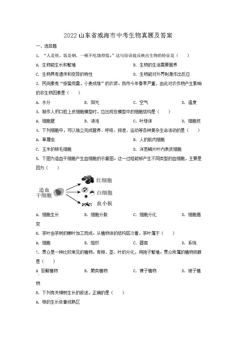 _2022山东省威海市中考生物真题及答案第1页