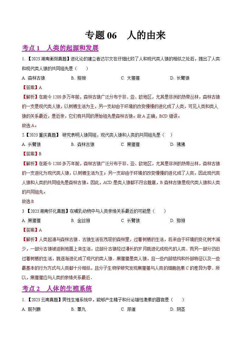 专题06 人的由来(全国通用) (解析版)第1页