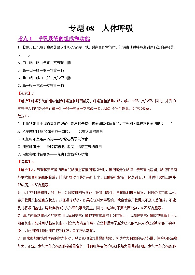 专题08 人体呼吸(全国通用) (解析版)第1页