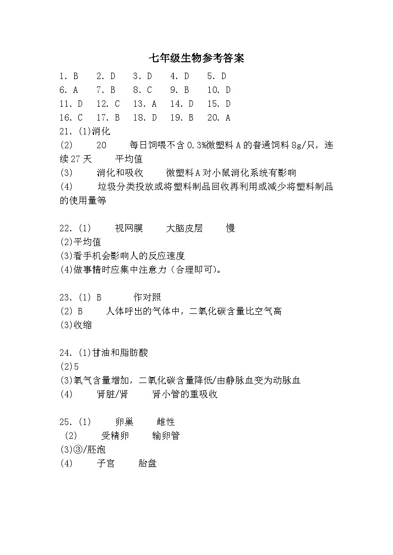 七年级生物参考答案第1页