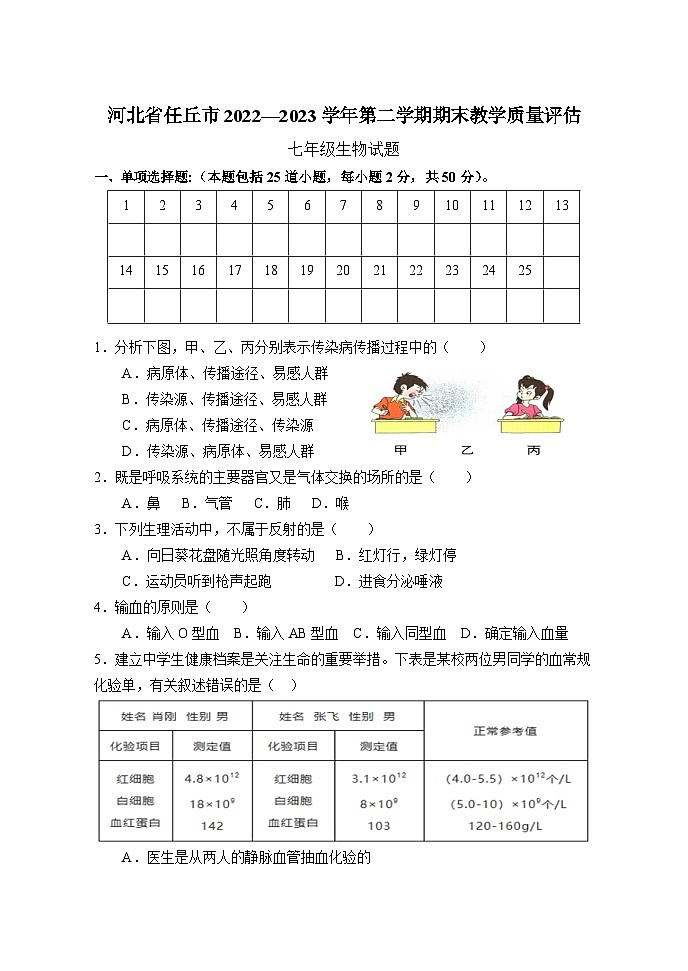 七年级生物试题第1页