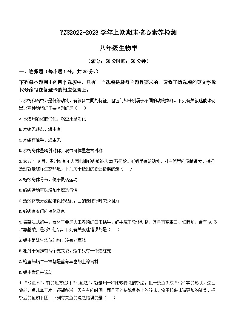 河南省许昌市禹州市2022-2023学年八年级上学期期末生物试题(含答案)01