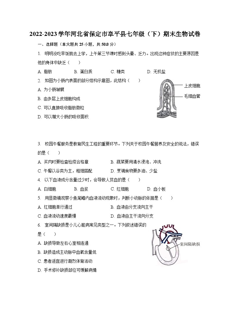 2022-2023学年河北省保定市阜平县七年级(下)期末生物试卷(含解析)第1页