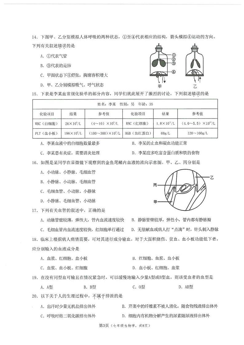 广东省广州市增城区2022-2023学年七年级下学期期末生物试题第3页