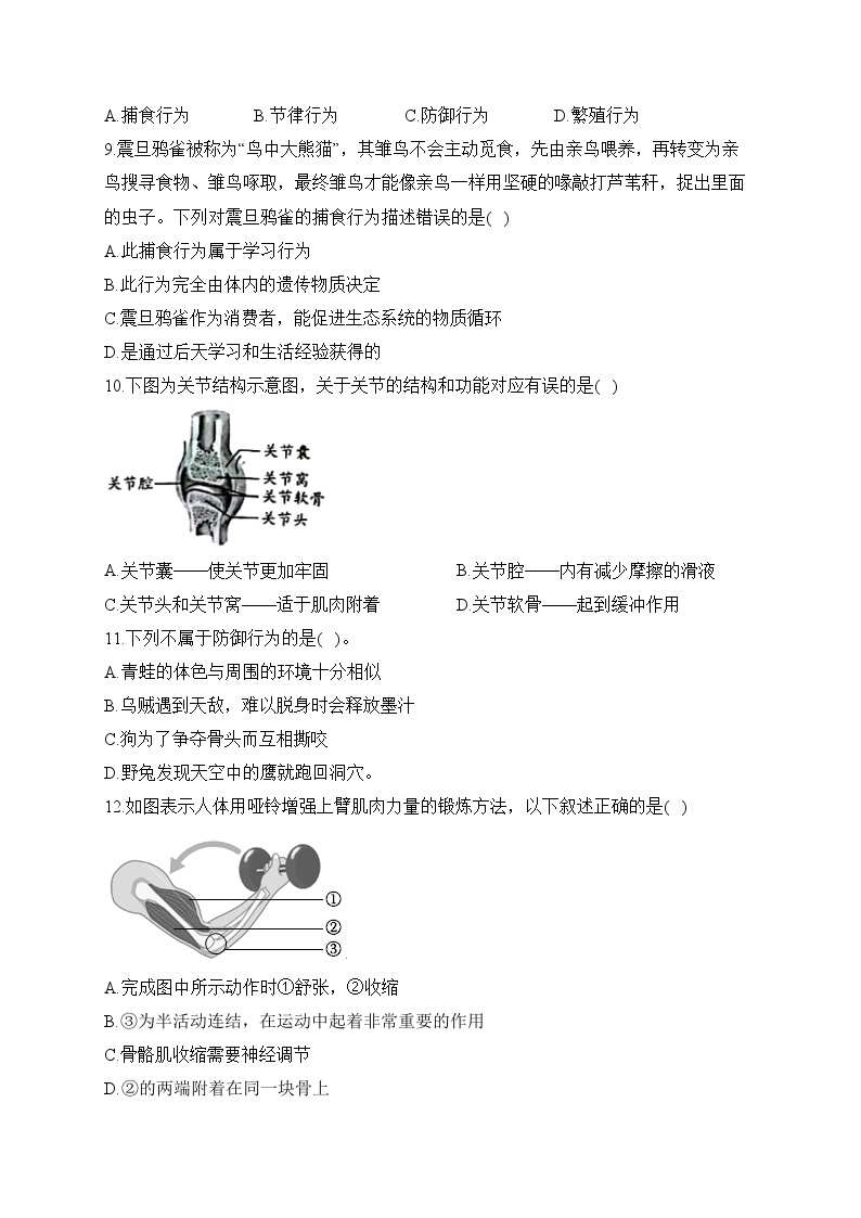 初中生物备考专题小练 （5）动物的运动和行为02