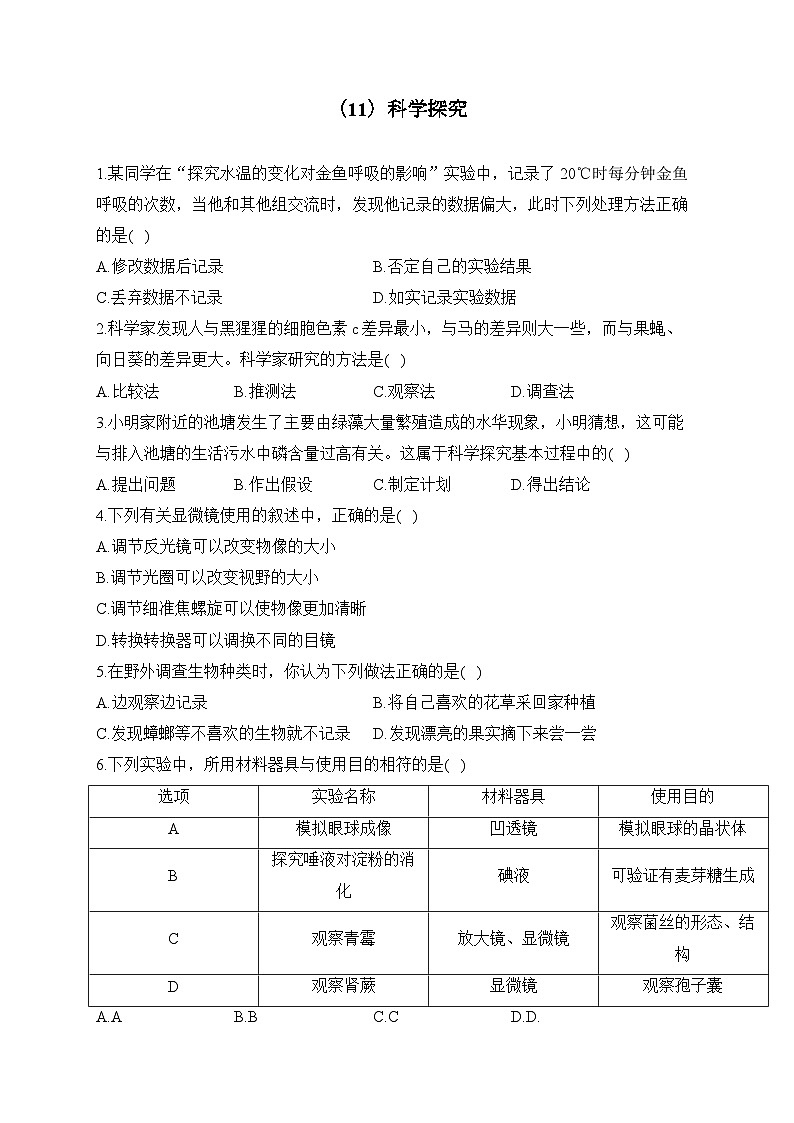 初中生物备考专题小练 (11)科学探究01