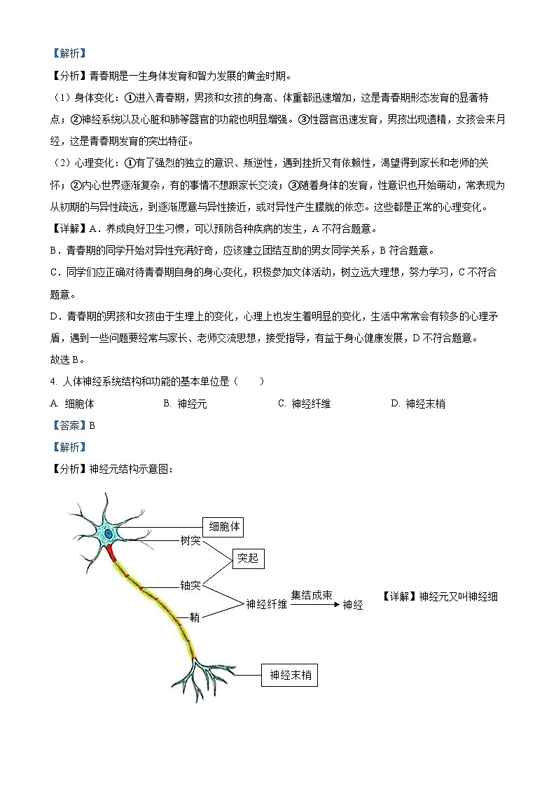 辽宁省大连市甘井子区2022-2023学年七年级下学期期末生物试题(解析版)02