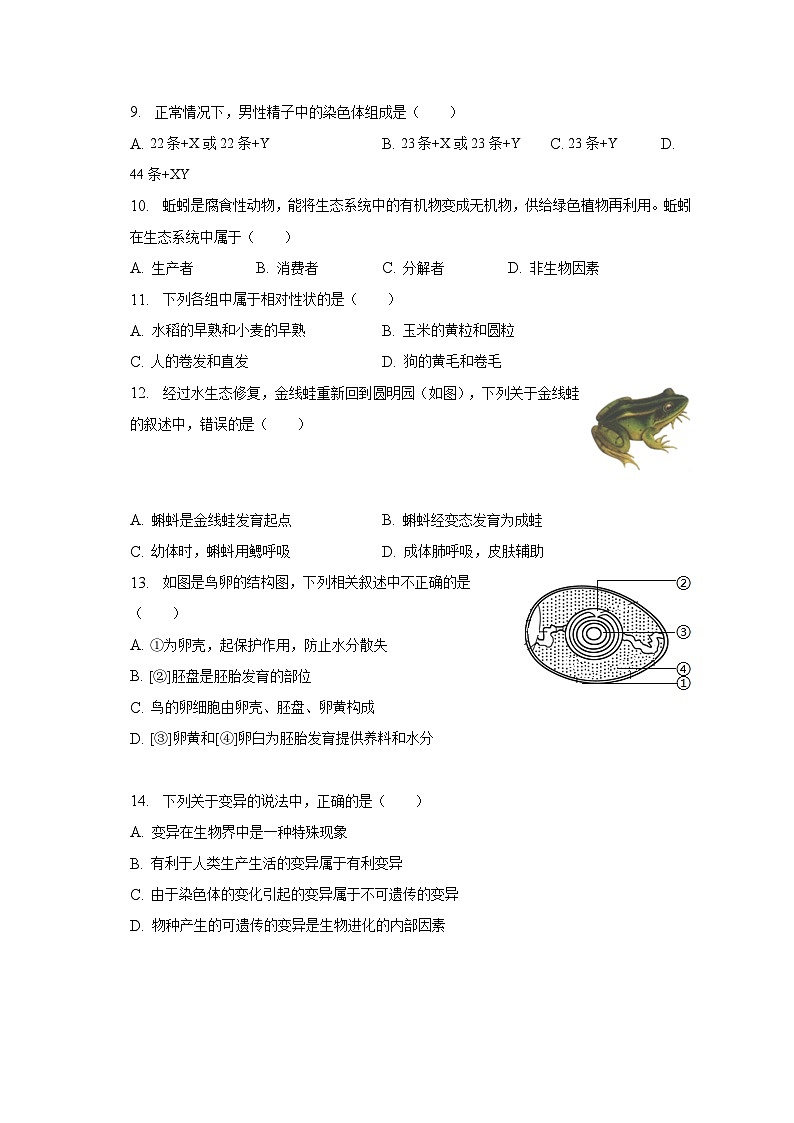 河北省唐山市路南区2022-2023学年八年级下学期期末生物试卷(含答案)02