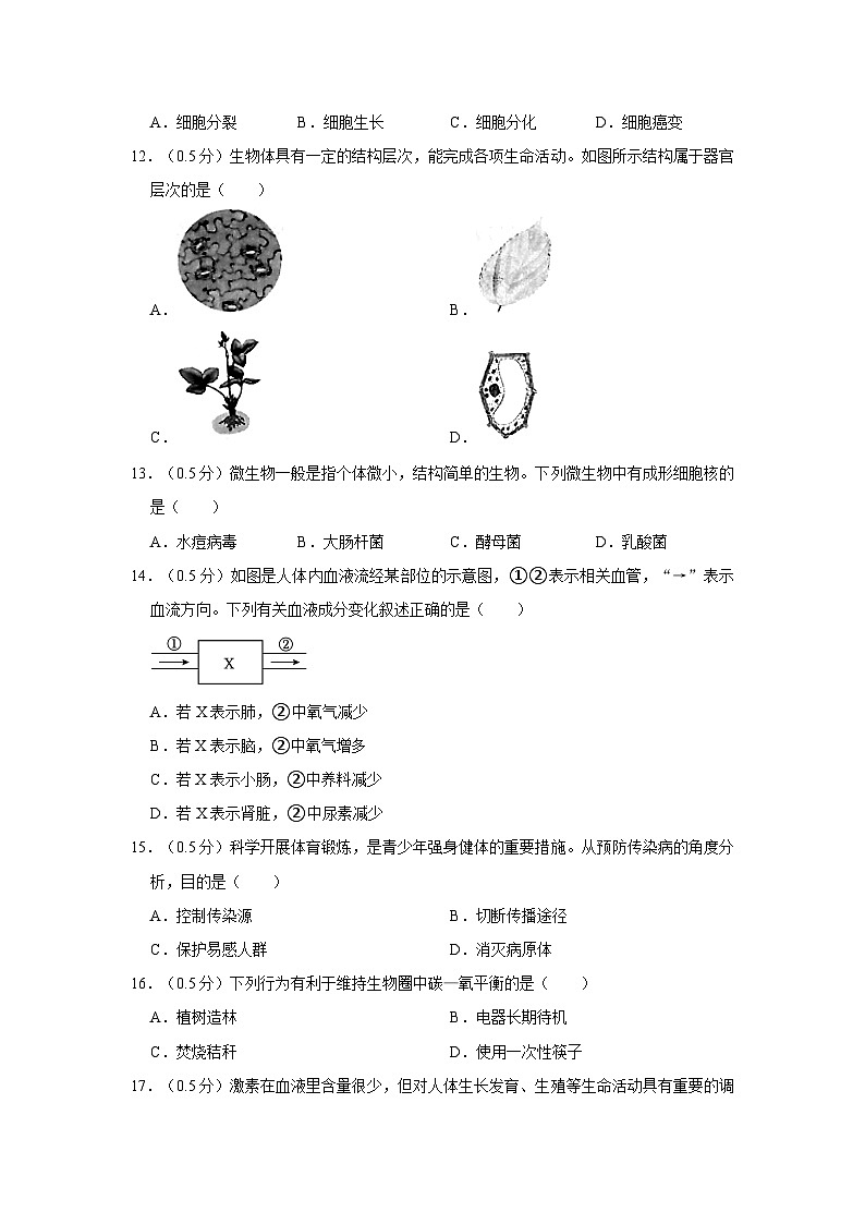 2023年江苏省泰州市中考生物试卷(文字版含答案解析)第3页