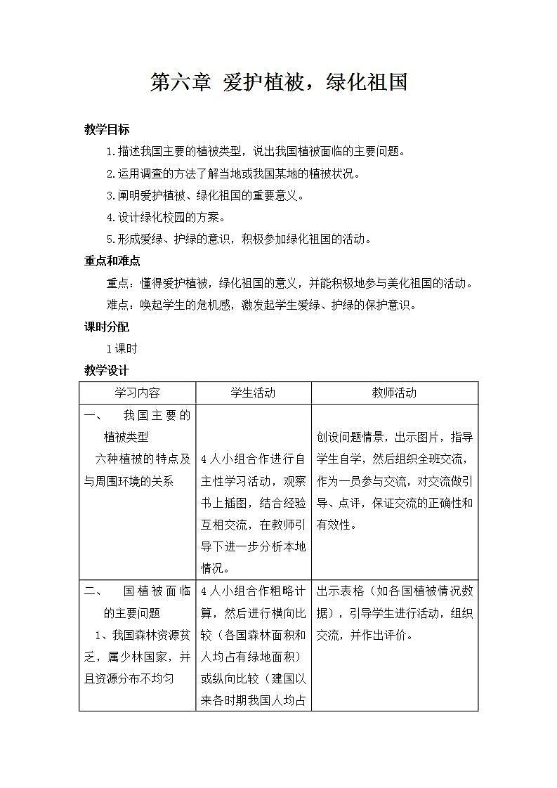 人教版七上生物 第六章 爱护植被,绿化祖国 教案01