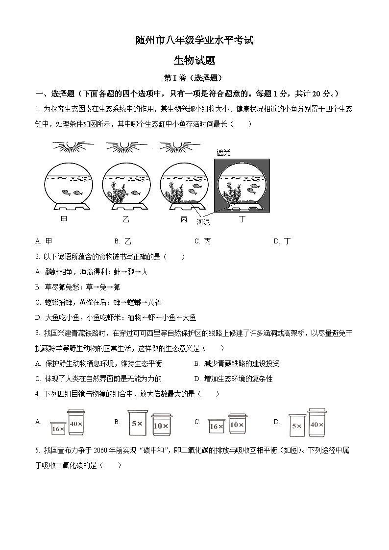 2023年湖北省随州市中考生物真题01