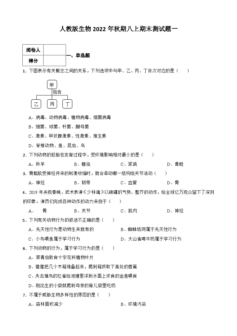 【阶段测试】人教版生物八年级上册--期末测试题一(含解析)第1页