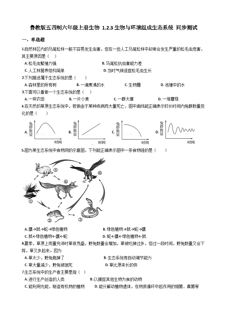 鲁教版(五四制)生物六年级上册 1.2.3 生物与环境组成生态系统 同步测试(含解析)01