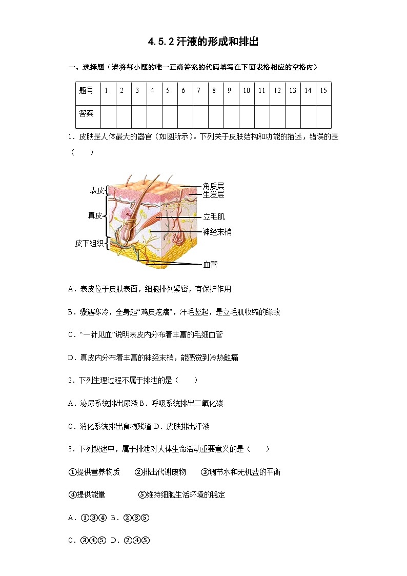 【鲁科版】生物七年级上册 4.5.2汗液的形成和排出课时练(word版含解析)01