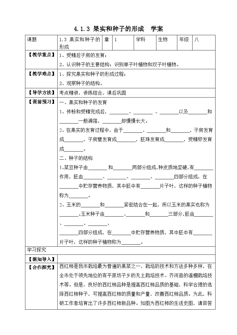 济南版 初中生物 八年级上册 4.1.3 果实和种子的形成 学案(含答案)第1页