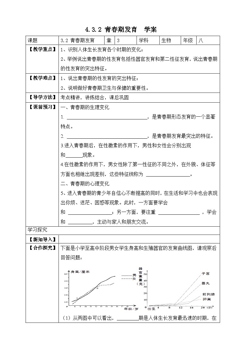 济南版 初中生物 八年级上册 4.3.2 青春期发育 学案(含答案)第1页