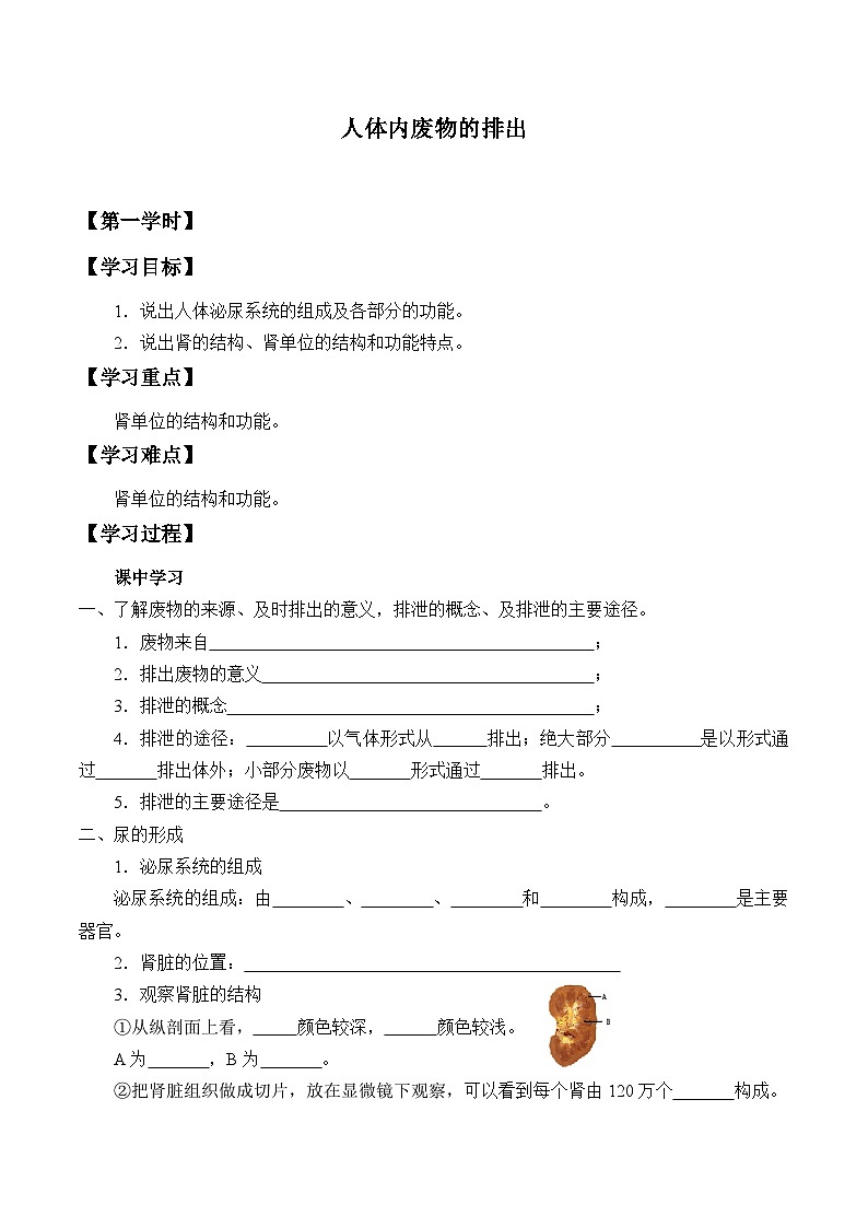 苏科版 初中生物 八年级上册 :15.2 人体内废物的排出 学案101
