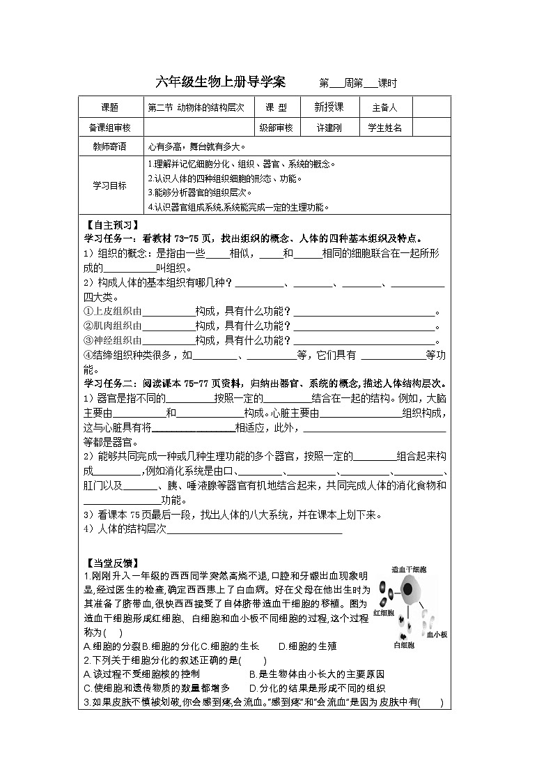 魯科版（五四學(xué)制）初中生物 六年級(jí)上冊第二節(jié) 動(dòng)物體的結(jié)構(gòu)層次導(dǎo)學(xué)案（無答案）第1頁