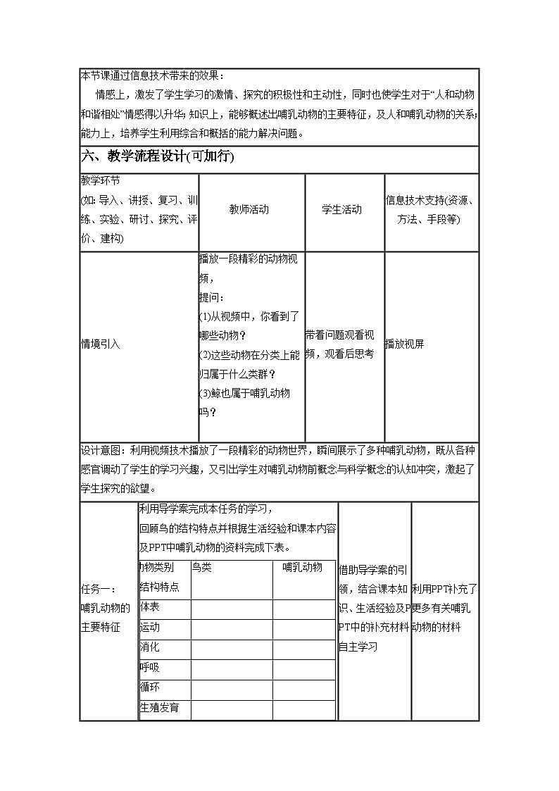 鲁科版(五四制)八年级生物上册 第七节 哺乳类 教学设计02