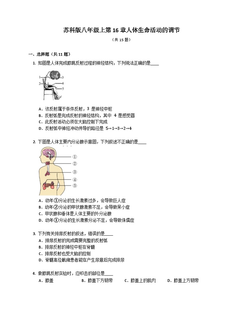 苏科版 初中生物 八年级上册 6.16人体生命活动的调节同步练习(含答案)第1页